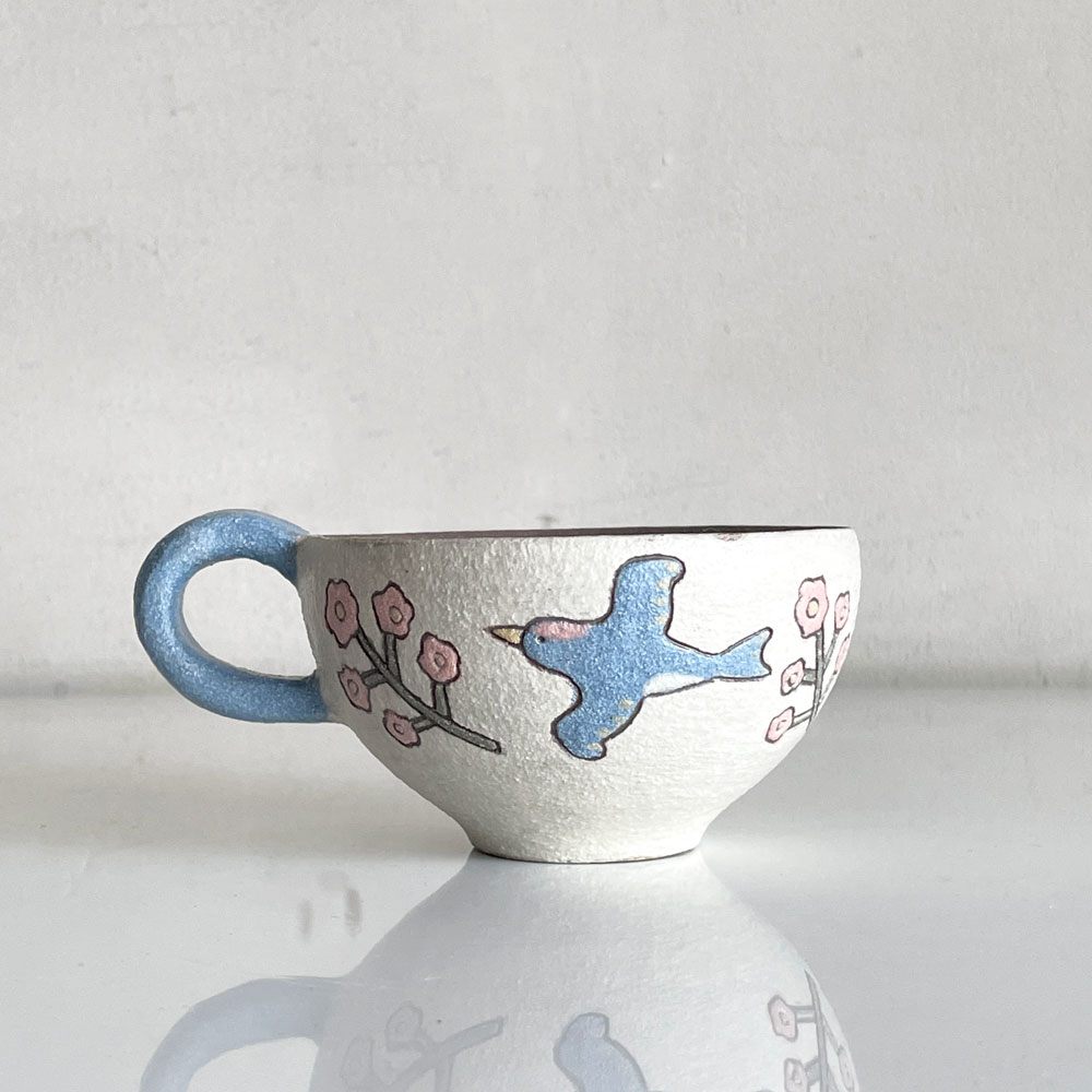 すずきまこと マグカップ 鳥と花柄 陶器 Φ9.5×H6 現代作家 ■