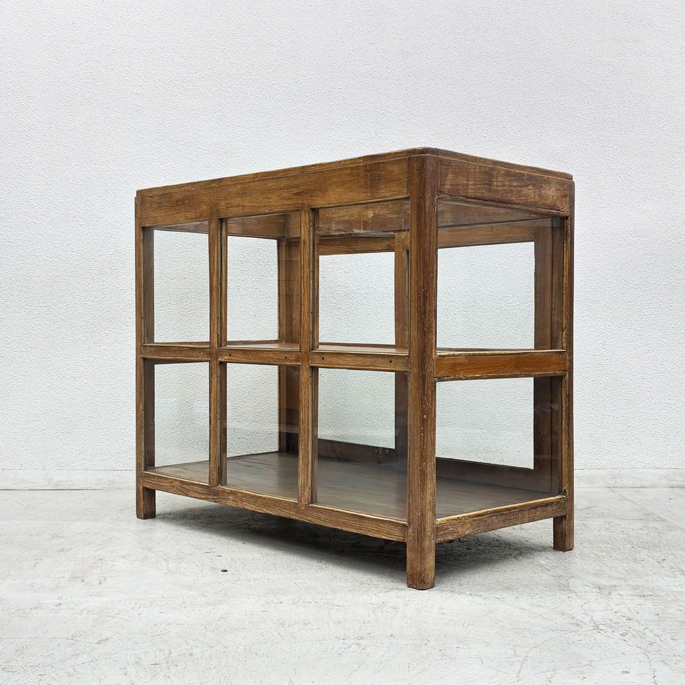 オールドメゾン old maison ガラスｘ木製 ショーケース 2段 飾り棚 引き戸 収納 ディスプレイ 店舗什器 ビンテージデザイン ●