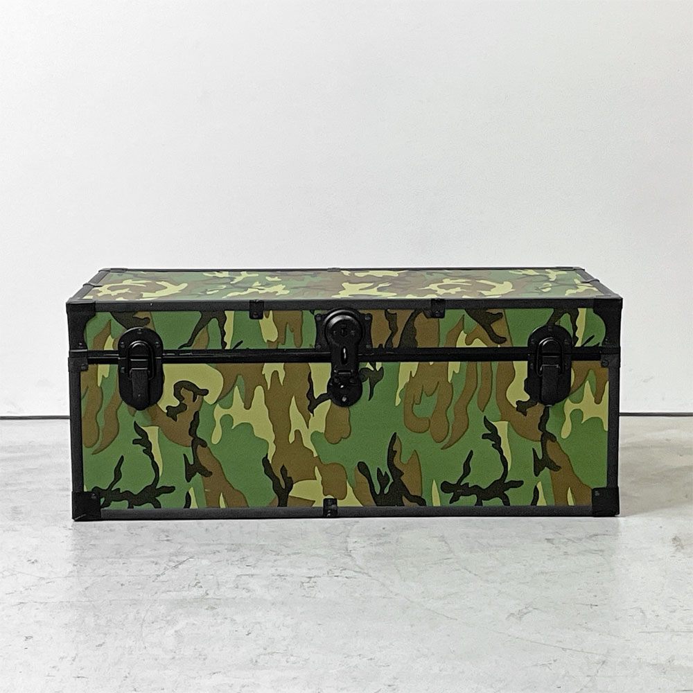ミリタリースタイル Military Style 迷彩柄 トランク グリーン MDF 金属フレーム 収納ケース ローテーブル 鍵付き ●