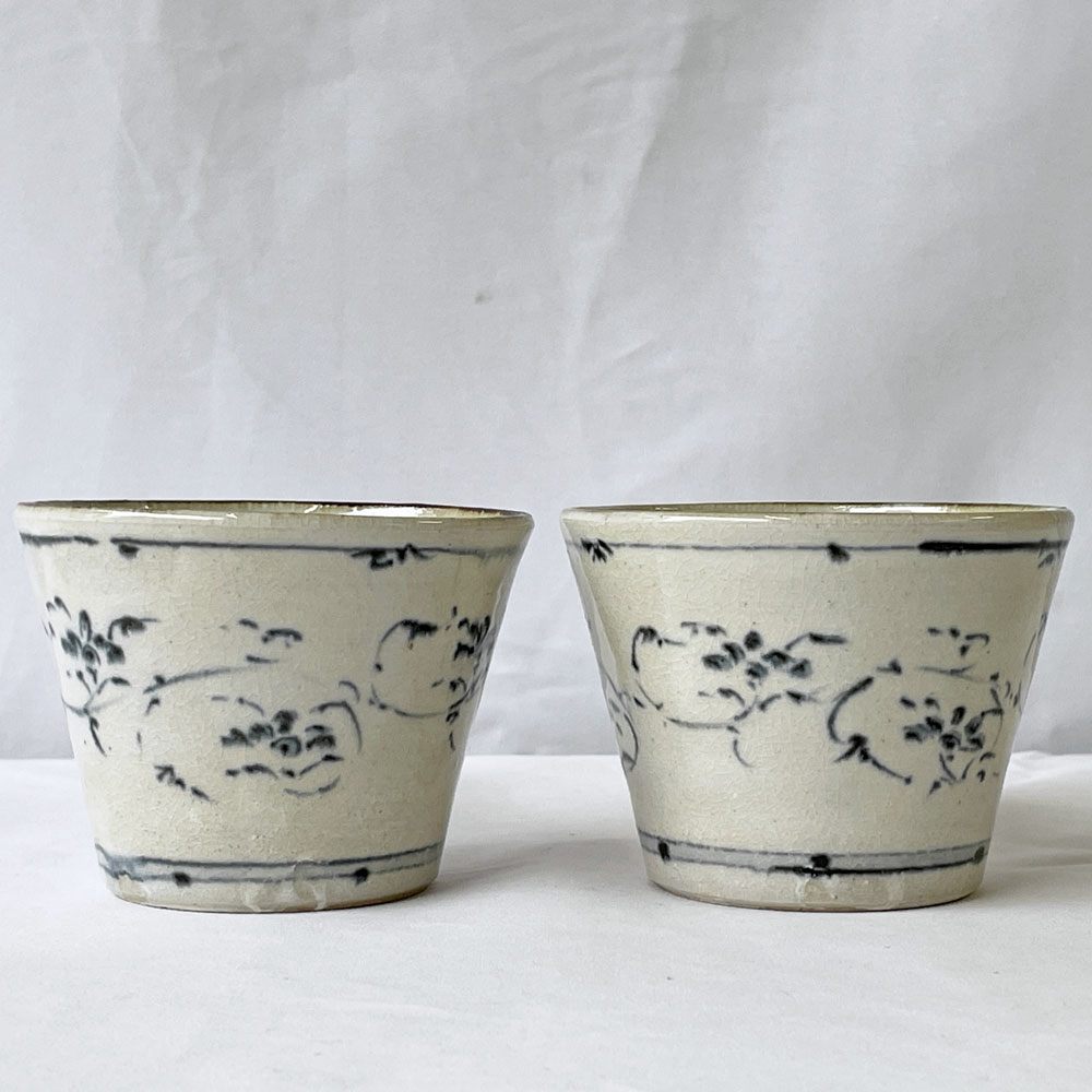 藤田佳三 染付猪口 そば猪口 フリーカップ 2客セット 陶器 植物 花 現代作家 ◇