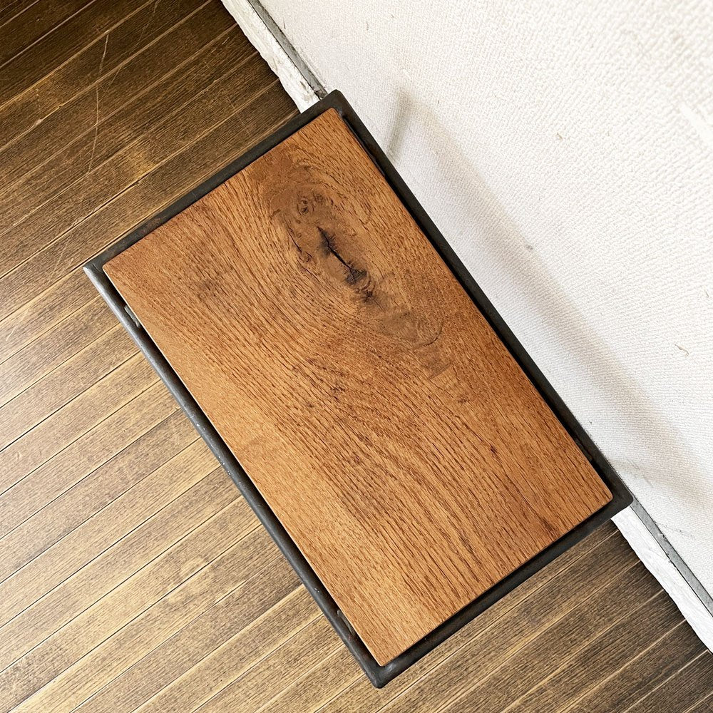 ヒロファニチャー hiro furniture オーク材 × アイアンフレーム サイドテーブル スツール 花台 W45cm インダストリアル ◎