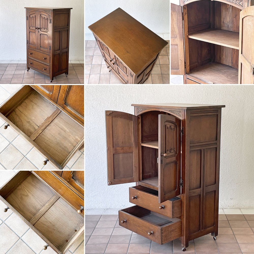 UK ビンテージ Vintage オーク材 キャビネット 収納棚 食器棚 洋タンス 2ドア 2ドロワー キャスター 鍵付き 英国家具 ◇