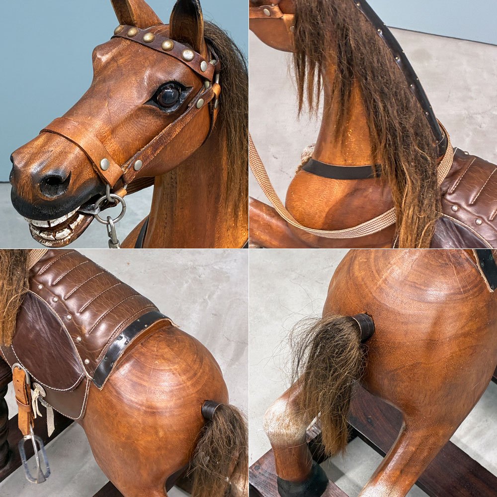 ビンテージ ロッキングホース 無垢材×レザー 木馬 ソリッドウッド クラフト 店舗什器 ◎