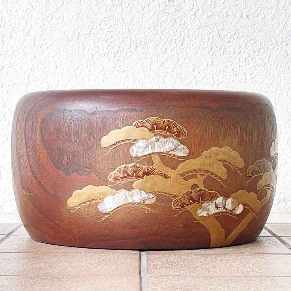 ジャパンビンテージ Japan Vintage 火鉢 丸火鉢 手あぶり火鉢 木製 銅炉 金蒔絵 螺鈿細工 鶴松紋 古家具 レトロ 大正ロマン ◇