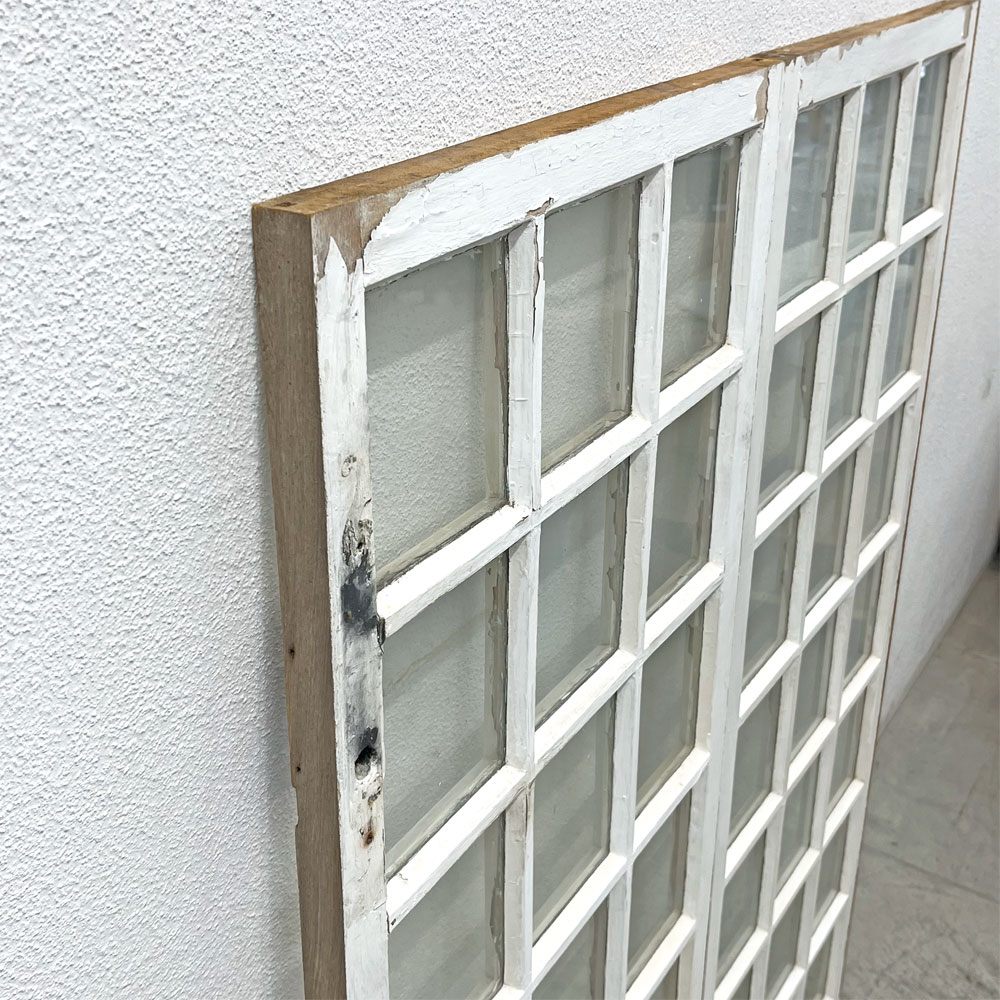 フランスアンティーク 格子窓枠 木枠×ガラス 2枚組 建材 建具 ビンテージ 〓