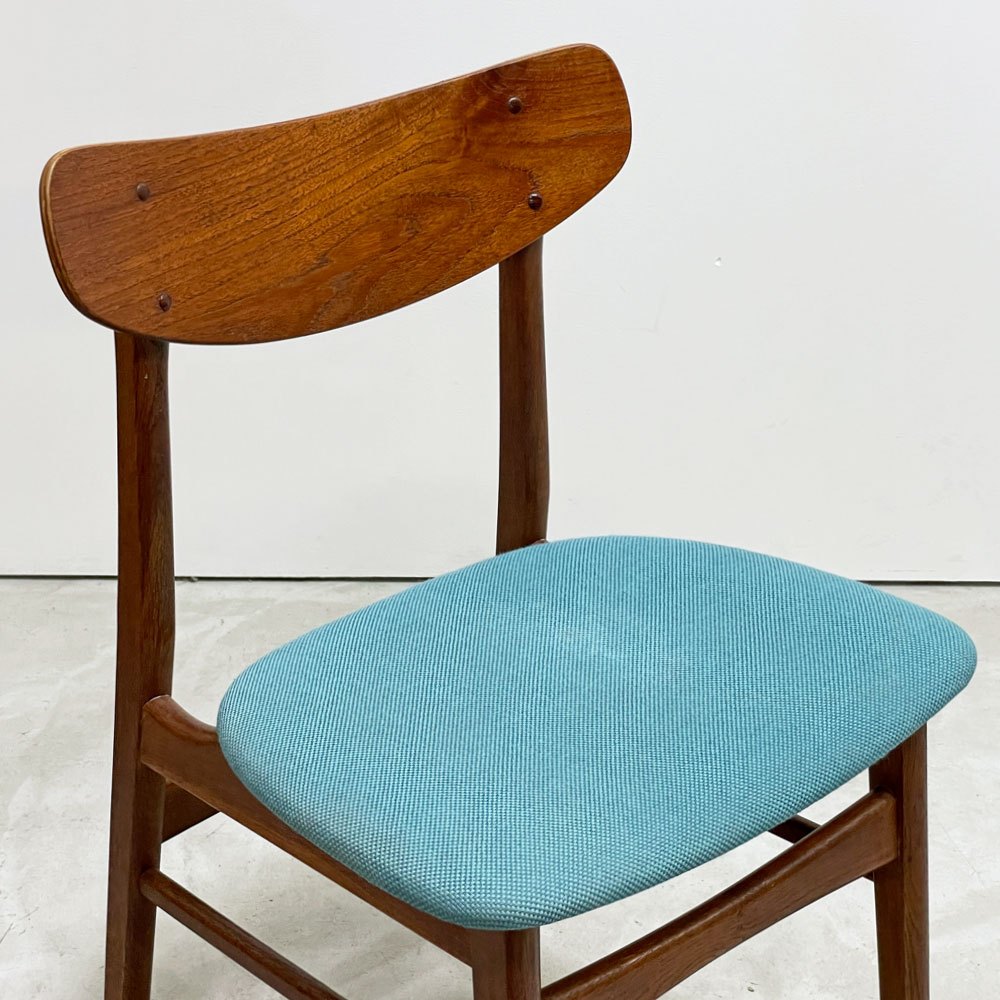 デンマークビンテージ Danish Vintage オーク材 ダイニングチェア ファブリック座面 スカイブルー 北欧家具 ●