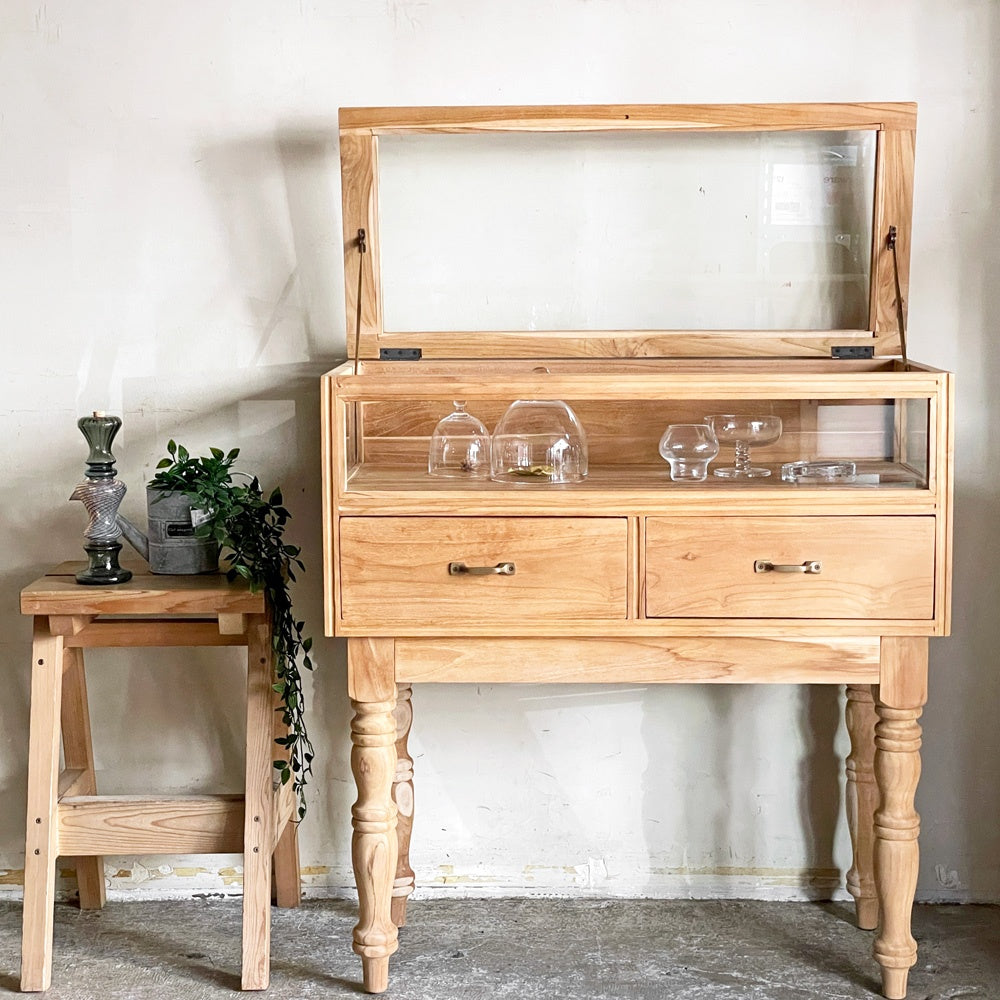 バリューインテリアストア value interior store チーク無垢材 コレクションケースNU ガラスショーケース W90cm ハンドメイド ■