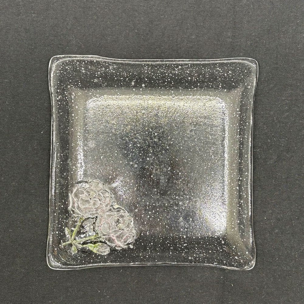 岡田多恵 ガラス 角皿 スクエアプレート パートドヴェール 花 14cm 現代作家 C ●