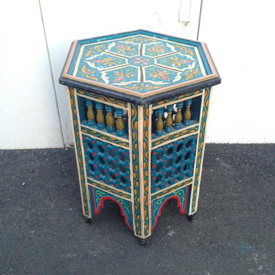 ★Made in Morocco  Hand Paint Hexagon Wood Side Table L ／ モロッコ ハンドペイント 六角形 ウッドサイドテーブルL ブルー