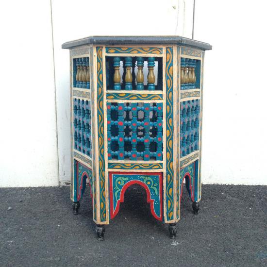 ★Made in Morocco  Hand Paint Hexagon Wood Side Table L ／ モロッコ ハンドペイント 六角形 ウッドサイドテーブルL ブルー
