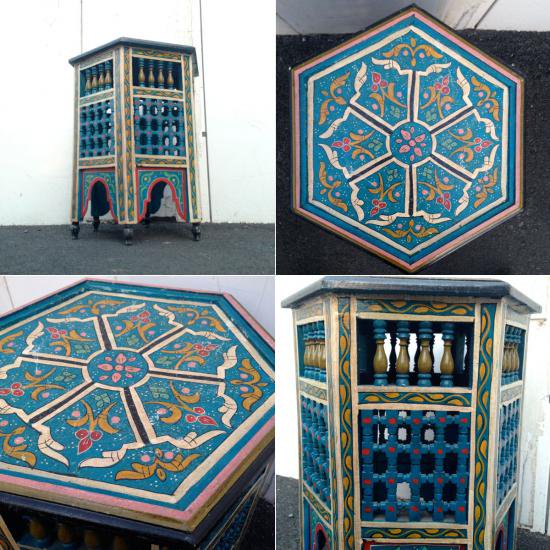 ★Made in Morocco  Hand Paint Hexagon Wood Side Table L ／ モロッコ ハンドペイント 六角形 ウッドサイドテーブルL ブルー