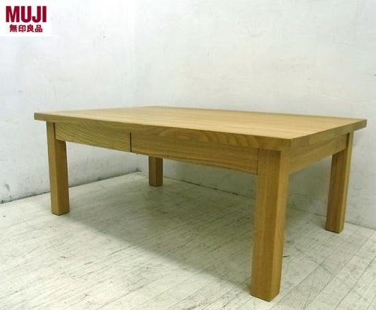◇　	無印良品MUJI 木製ローテーブル 引出付 w90cm タモ材