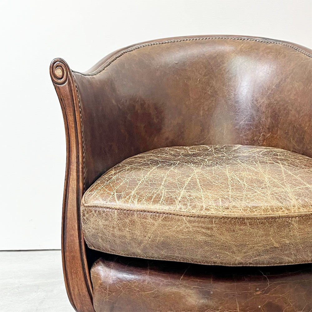 ハロ HALO デコ タブ チェア DECO TUB CHAIR ラウンジチェア 1人掛けソファ 本革 ラバーウッド ビンテージ加工 鋲打 アスプルンド取扱い 現状品 ●