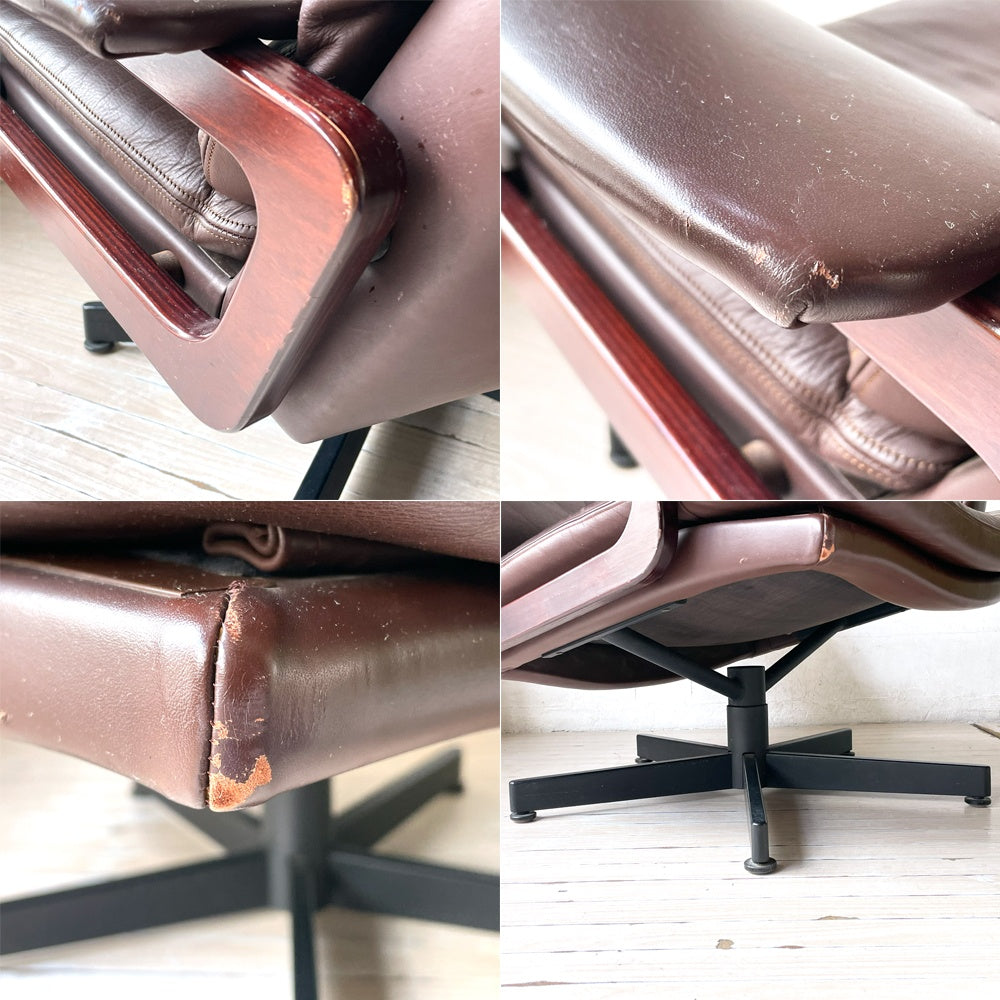 シュトレッセル Strassle ビンテージ キングチェア King chair + キングフットスツール King footstool レザー イージーチェア ブラウン スイス ★