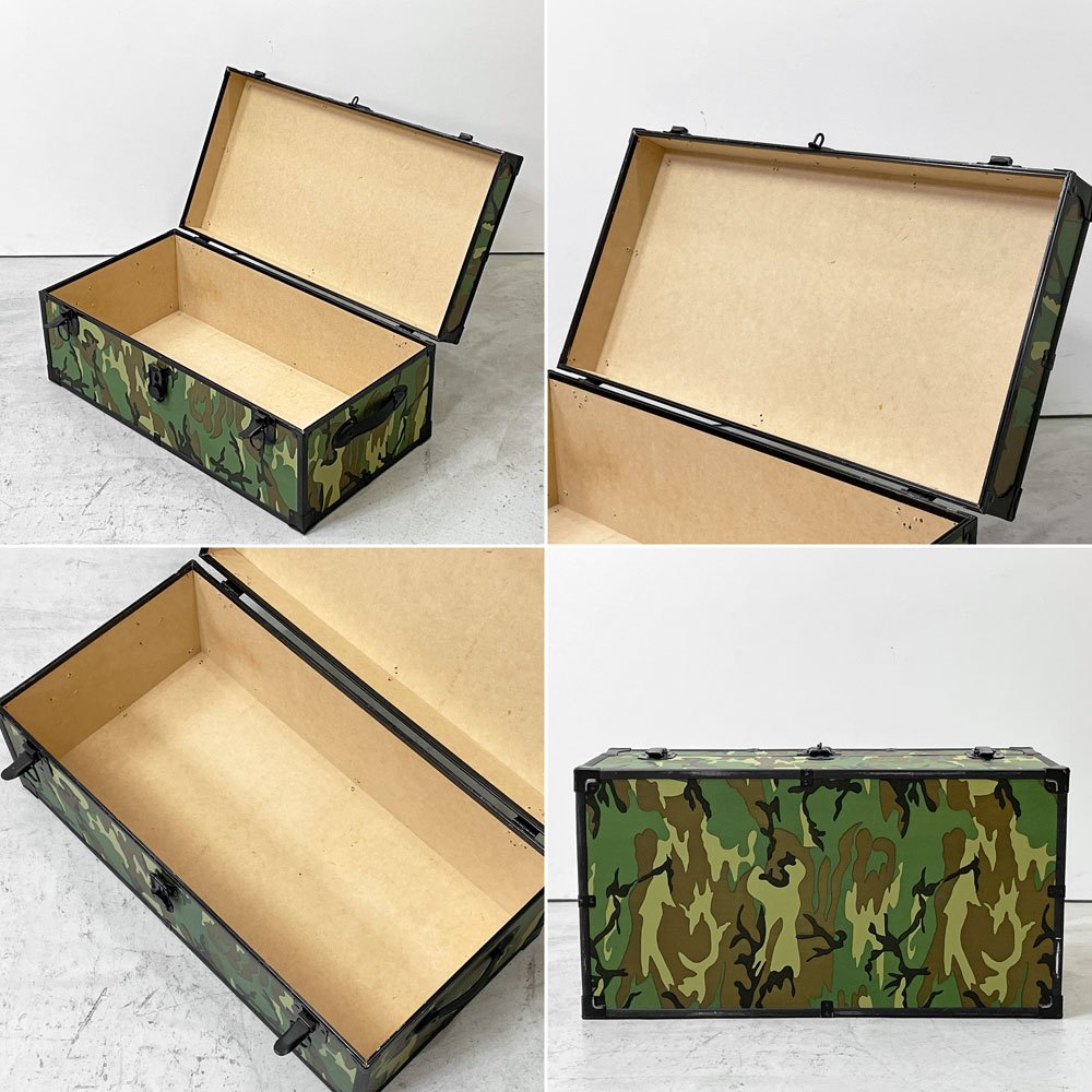 ミリタリースタイル Military Style 迷彩柄 トランク グリーン MDF 金属フレーム 収納ケース ローテーブル 鍵付き ●
