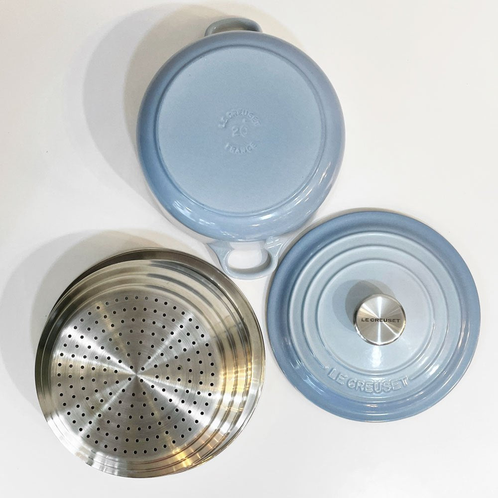 ルクルーゼ LE CREUSET ココットロンド 両手鍋 ＆ マルチスチーマー コースタルブルー 20cm  鋳物 フランス ◎