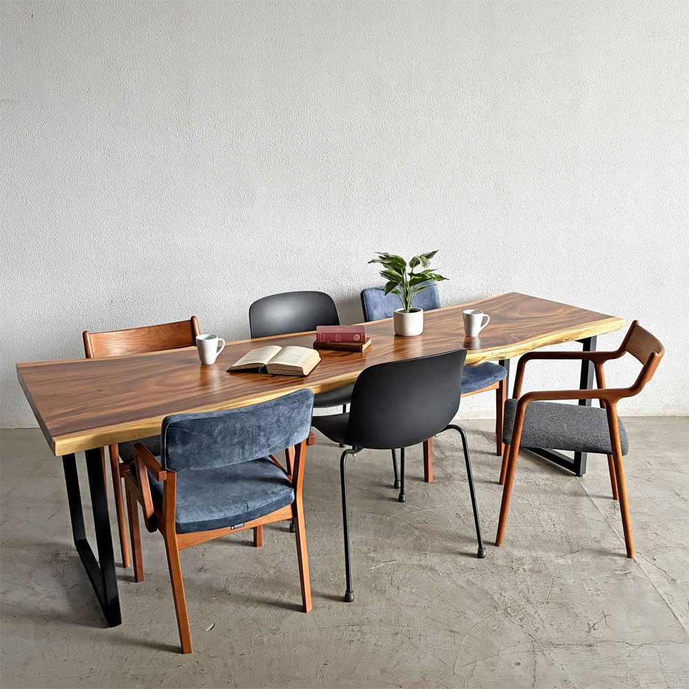 クラフト家具 モンキーポッド 一枚板 ダイニングテーブル デスク 鉄脚 Uレッグ W230.5×D77cm 天然木 耳付 オーダーメイド 〓