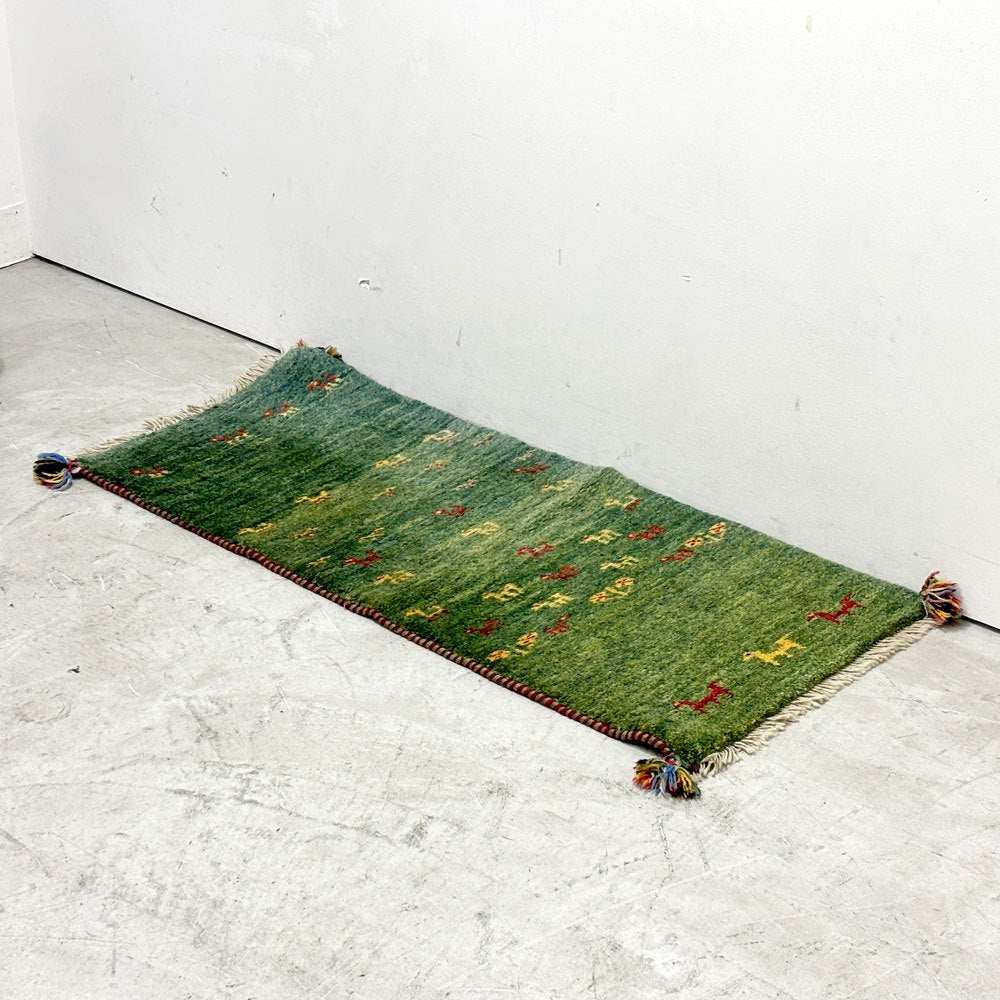イラン 手織り ギャッベ gabbeh 絨毯 ラグ カーペット 117×60cm グリーン ●