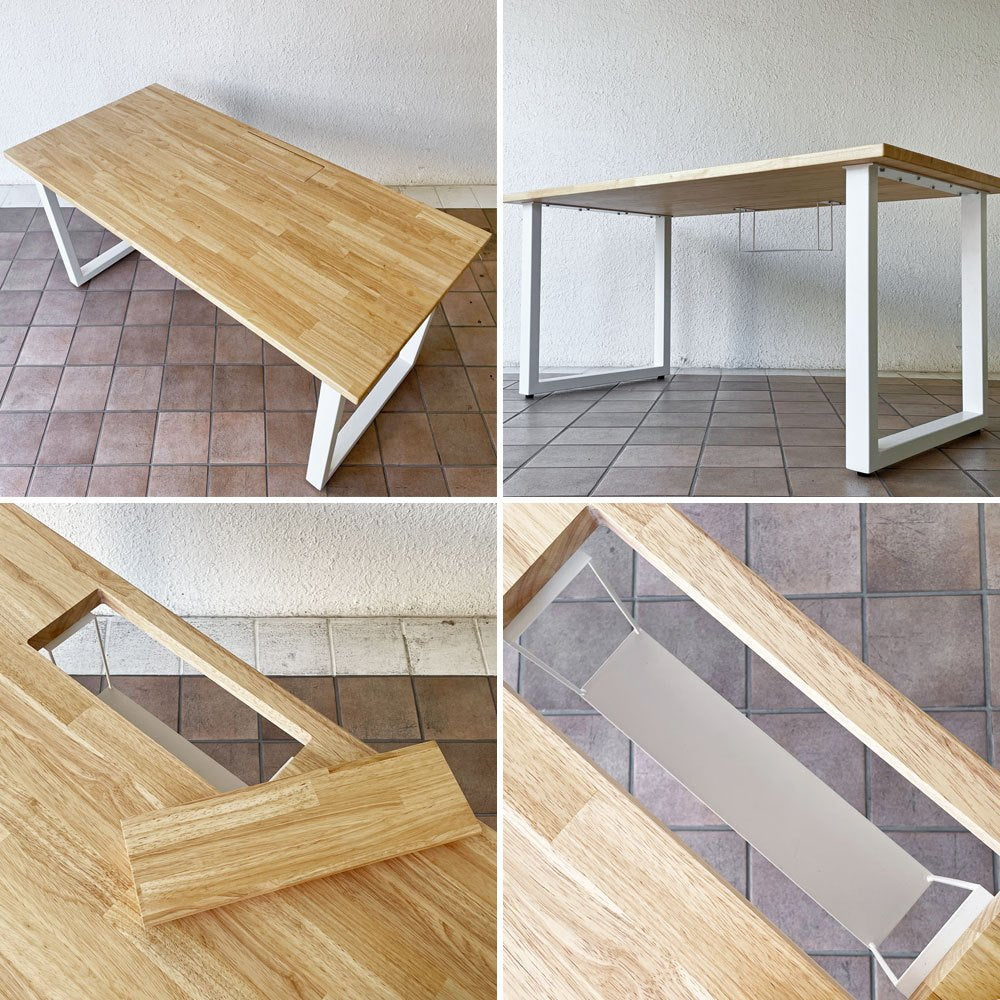 かなでもの KANADEMONO ザ・テーブル THE TABLE デスク ラバーウッド無垢材 W155 x D75 cm スチール スクエアレッグ ホワイト 配線トレー付き ◇