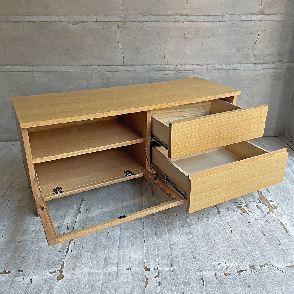無印良品 MUJI オーク材 AVラック AVボード テレビ台 ガラス扉 ドロップダウン扉 抽斗2杯 W110cm ナチュラル シンプルデザイン 廃番 ♪