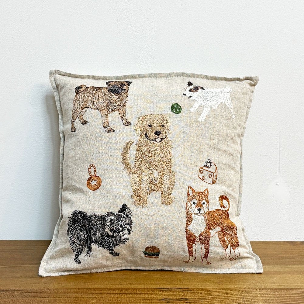 コーラルアンドタスク Coral & Tusk Dogs and Toys 30×30cm クッション リネン カバーリング 刺繍 ●