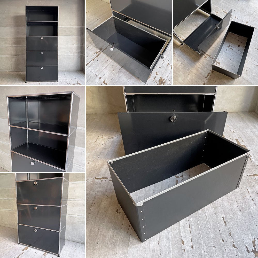 ユーエスエムハラー USMハラー USM Haller モジュラーファニチャー キャビネット シェルフ 1列5段 ドロップダウンドア×2+エクステンションドア パスコボックス 鍵付き グラファイトブラック アジャスター付 スイス ♪