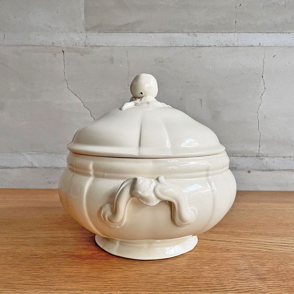 サルグミンヌ窯 Sarreguemines スーピエール スープチュリーン スープ鍋 スープボウル 陶器 1920-50年代 フランス ビンテージ French Vintage アンティーク アイボリー ♪
