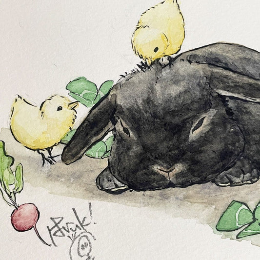 はるき堂 水彩画 黒ウサギとひよこ 27×22cm 額装品 赤崎晴樹 ◎