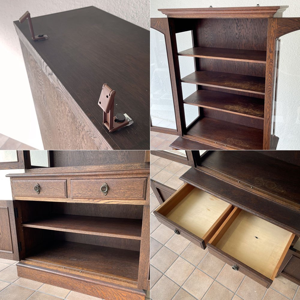 竹中家具 takenaka furniture オーク材 3面ガラスキャビネット 食器棚 カップボード レトロ クラシカルデザイン 横浜元町 ◇