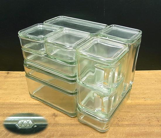 ●Vereinigte Lausitzer Glaswerke　”KUBUS”　ガラスキャニスター17pcs.セット　Wilhelm Wagenfeld