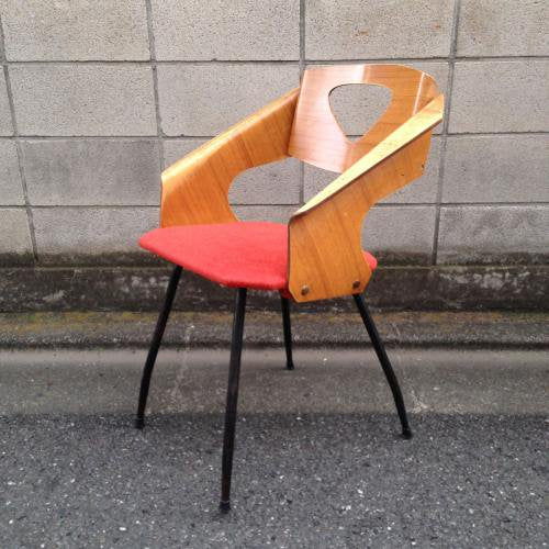 ◎60'S UK or Euro Vintage Teak Plywood × Iron Leg Dining Chair (Orange) ① ／チークプライウッド×アイアンレッグ チェア