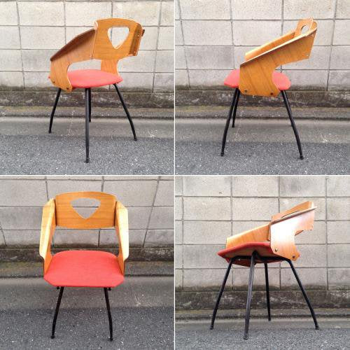 ◎60'S UK or Euro Vintage Teak Plywood × Iron Leg Dining Chair (Orange) ① ／チークプライウッド×アイアンレッグ チェア