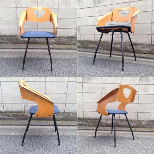 ◎60'S UK or Euro Vintage Teak Plywood × Iron Leg Dining Chair (Blue) ③ ／チークプライウッド×アイアンレッグ チェア