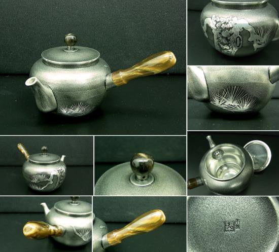 ●錫半造“本錫上錫茶器揃”水牛角横手摘 急須/茶入/茶托 共箱