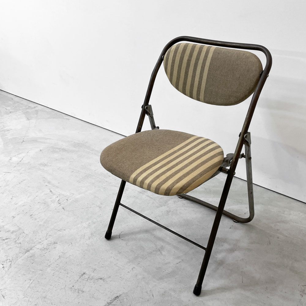ヴィンテージ フォールディングチェア パイプ椅子 ストライプファブリック ●
