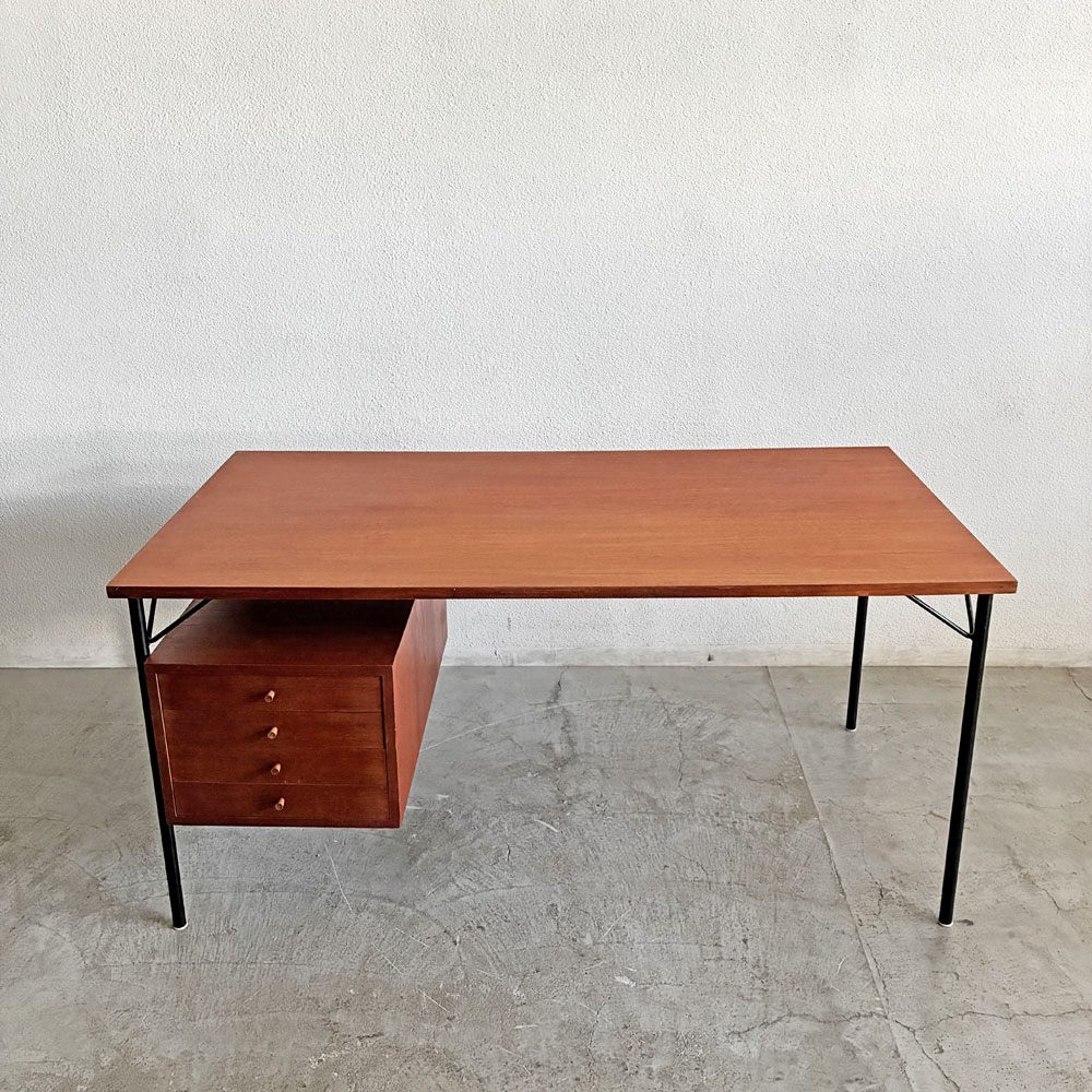 ビンテージ Vintage チーク材 片袖デスク W150cm 抽斗4杯 背面棚 スチール脚 ミッドセンチュリー 〓