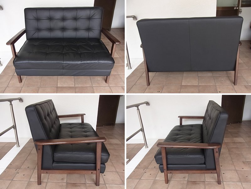 ◇ミッドセンチュリースタイル ブラックレザー　２Pソファ ＊オットマン別売り