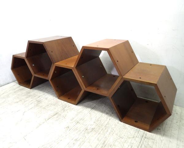 ●　木製ハニカムラック シェルフ 5連 Mid-century　ミッドセンチュリー 飾り棚　無垢材