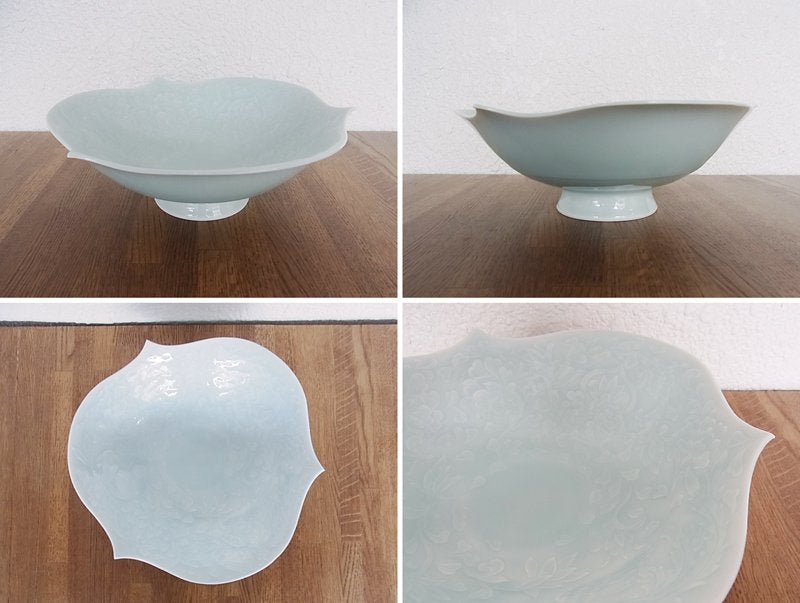 ◇人間国宝 塚本快示（快山）華鳥兎唐草紋青白磁 美品 共箱
