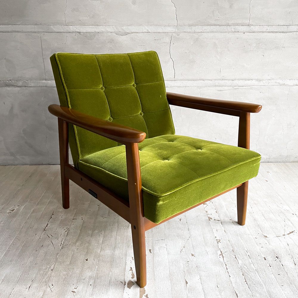 カリモク60 karimoku60 Kチェア 1シーター ソファ 1P 一人掛け モケットグリーン ウォールナットカラーフレーム ブナ材 レトロモダン ミッドセンチュリー ♪