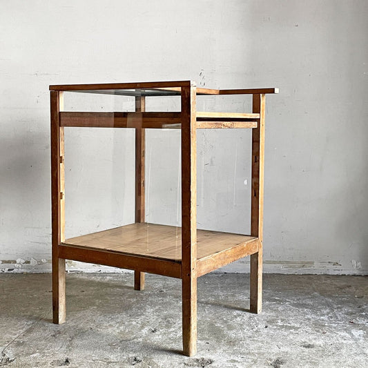 ジャパンビンテージ Japan Vintage 古い木味のガラスショーケース ディスプレイラック サイドケース 古家具 ■