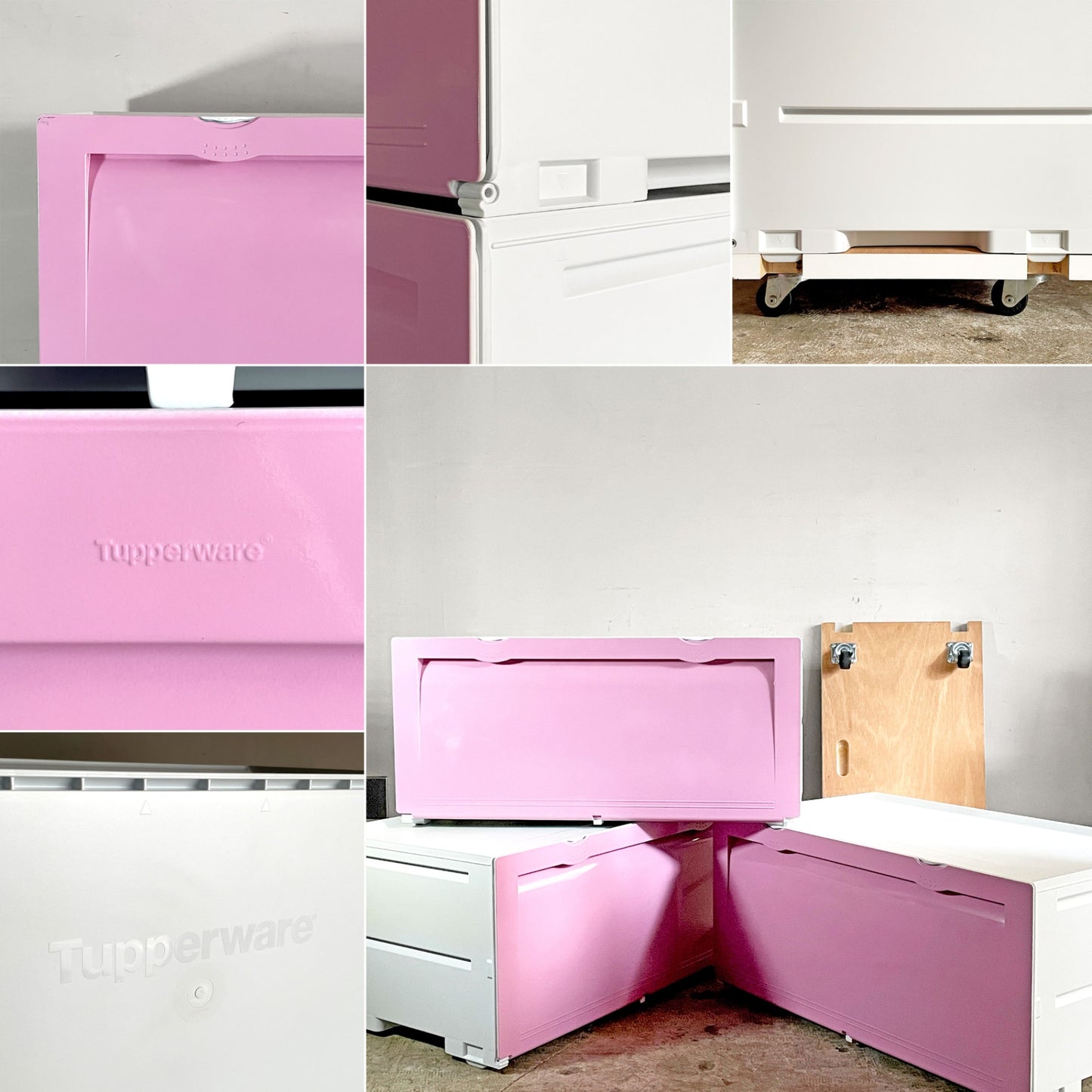 タッパーウェア Tupperware スーパーチェスト ワイド Super chest Wide 引出1段 ピンク 3段セット 専用カート付 ■