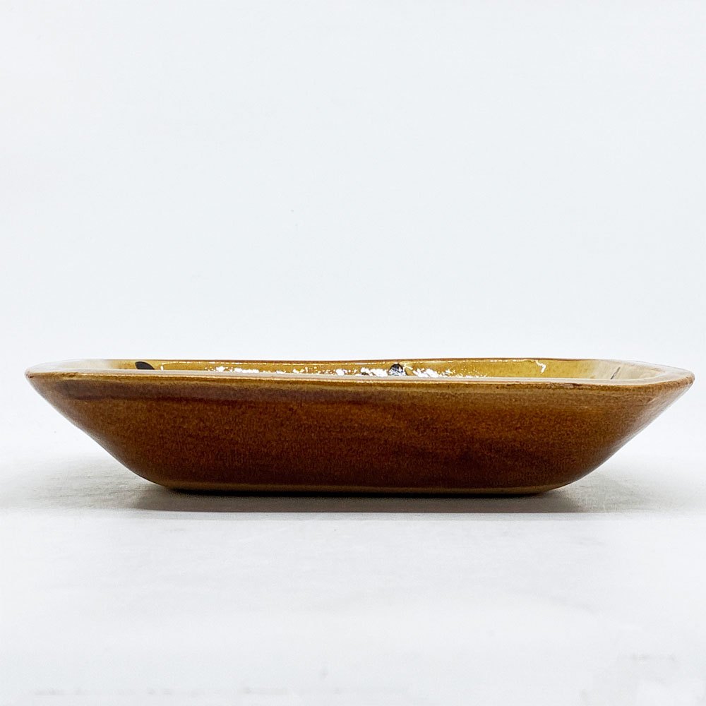 湯町窯 布志名焼 角皿  スリップウェア 浪紋濃茶 黄釉 W19.5cm 和食器 ●