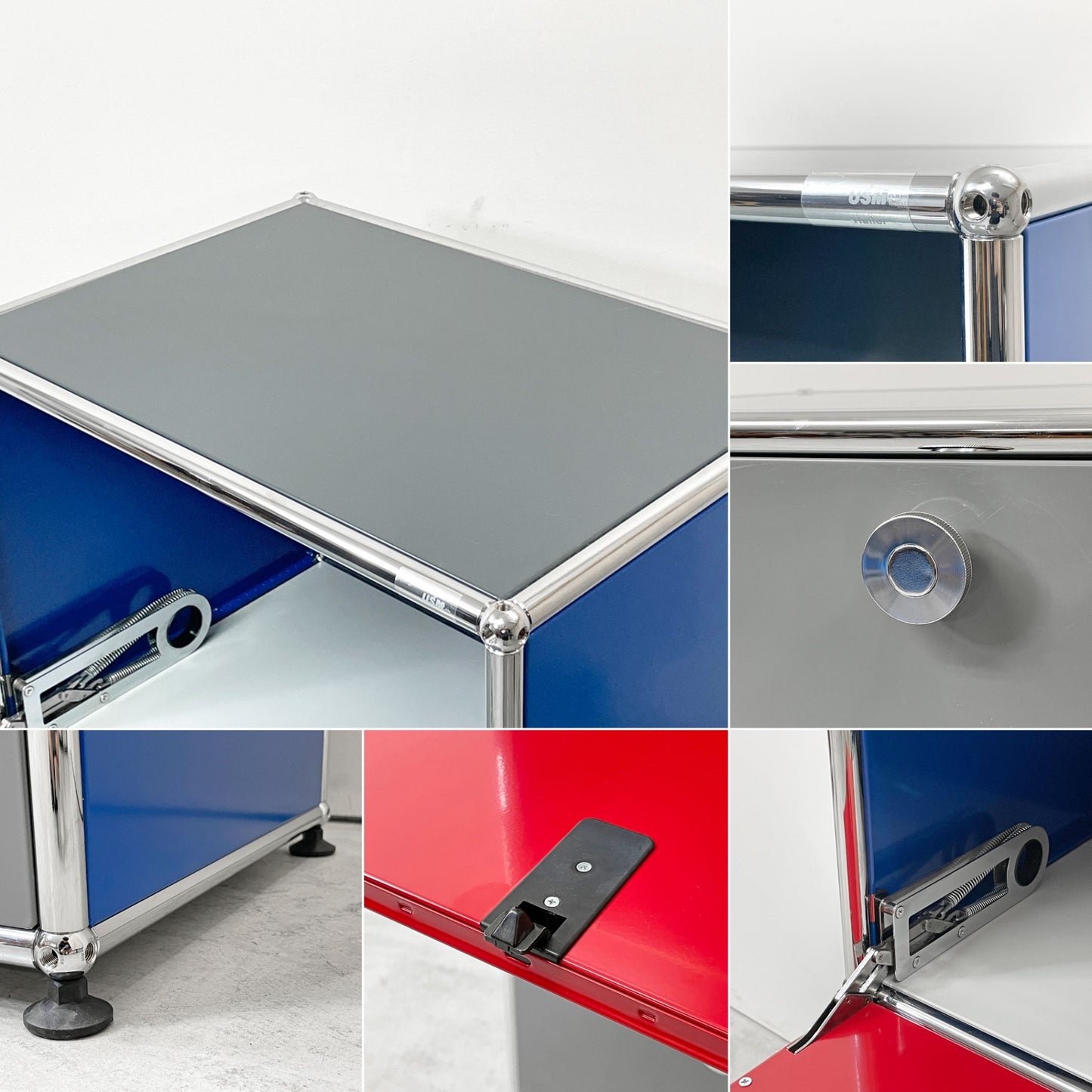 ユーエスエムハラー USM Haller モジュラーファニチャー Modular Furniture 1列4段 ドロップダウン扉 ミッドグレー × ジェンシャンブルー × ビーレッド × アントラサイト スイス ●
