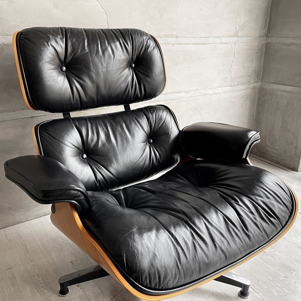 ハーマンミラー Herman Miller イームズラウンジチェア＆オットマン ブラックレザー ウォールナット C&Rイームズ ミッドセンチュリー♪