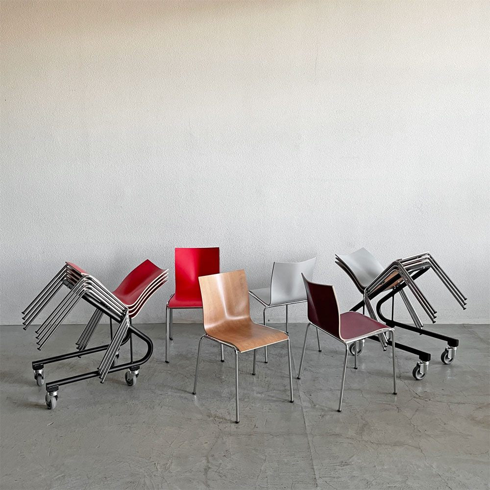 エンゲルブレヒト Engelbrechts チャリック CHAIRIK 101 スタッキングチェア 4本脚 バーチ材 レッド 6脚セット 専用トローリー付 エリック・マグヌッセン 未使用保管品 〓