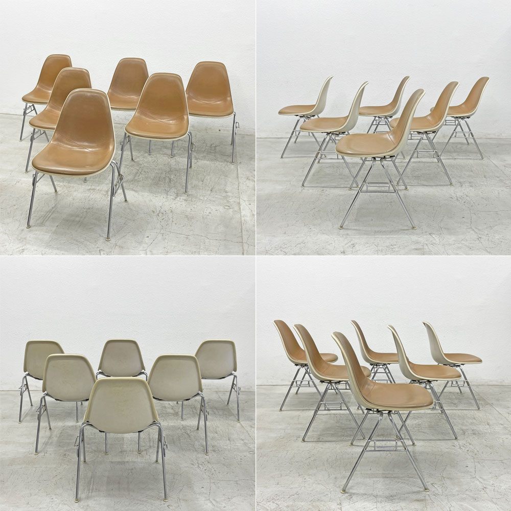 ハーマンミラー Herman Miller ビンテージ サイドシェルチェア 台車付6脚セット サード 3rd FRP PVCレザー スタッキングベース イームズ 〓