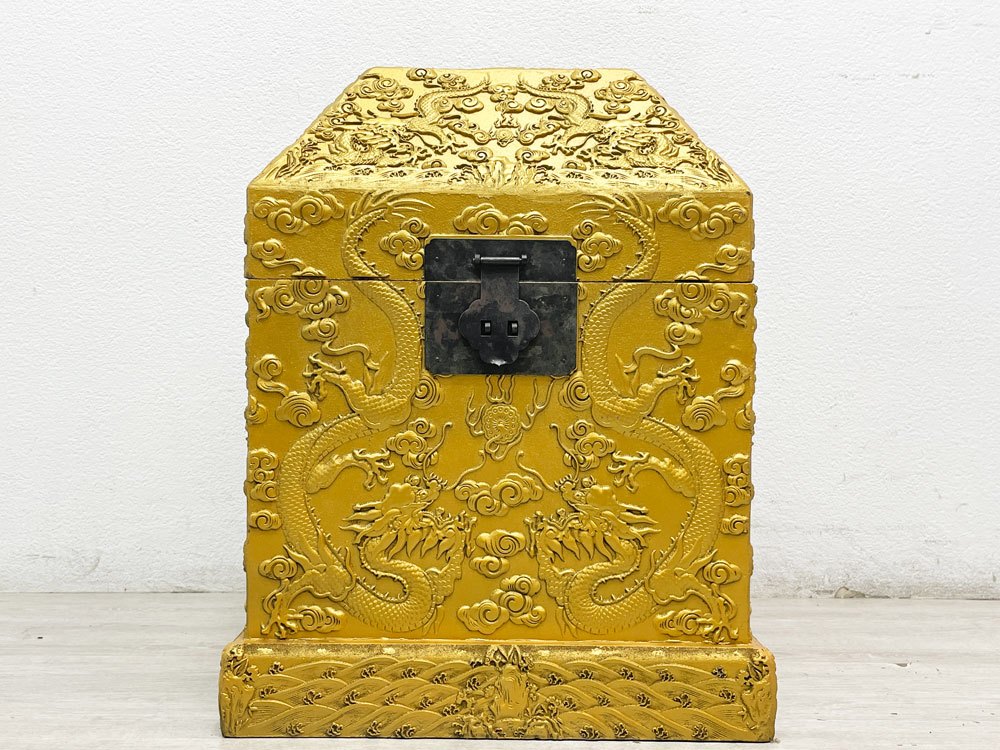 チャイニーズアンティークスタイル Chinese Antique Style 木製 雲龍紋 印箱 文箱 茶道具入れ 宝石箱 収納箱 ペインテッド ゴールド ●