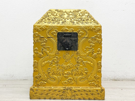 チャイニーズアンティークスタイル Chinese Antique Style 木製 雲龍紋 印箱 文箱 茶道具入れ 宝石箱 収納箱 ペインテッド ゴールド ●