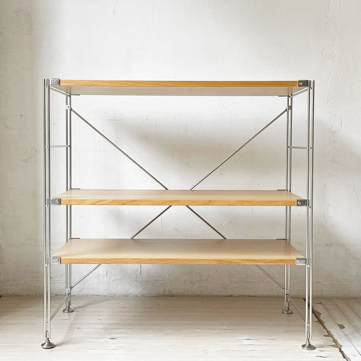 無印良品 MUJI ステンレスユニットシェルフ オーク材 ワイド 小 W86 H83cm 本棚 飾り棚 収納棚 ナチュラル 定価￥20,900- ★
